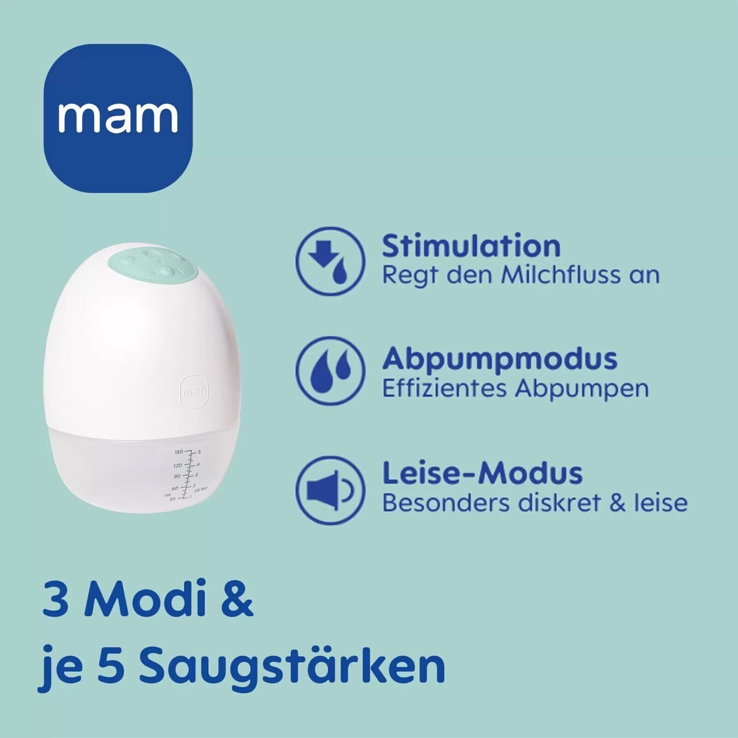 MAM Move Handsfree Milchpumpe Mint – tragbar, leise, inkl. Flasche 160 ml
