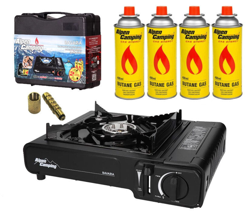 Alpen Camping Campingkocher Bavaria mit 4 Ventilgaskartuschen