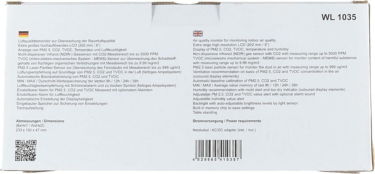 Technoline WL1035 Luftgüte-Monitor CO₂/TVOC/PM2.5/PM10 mit Farbdisplay
