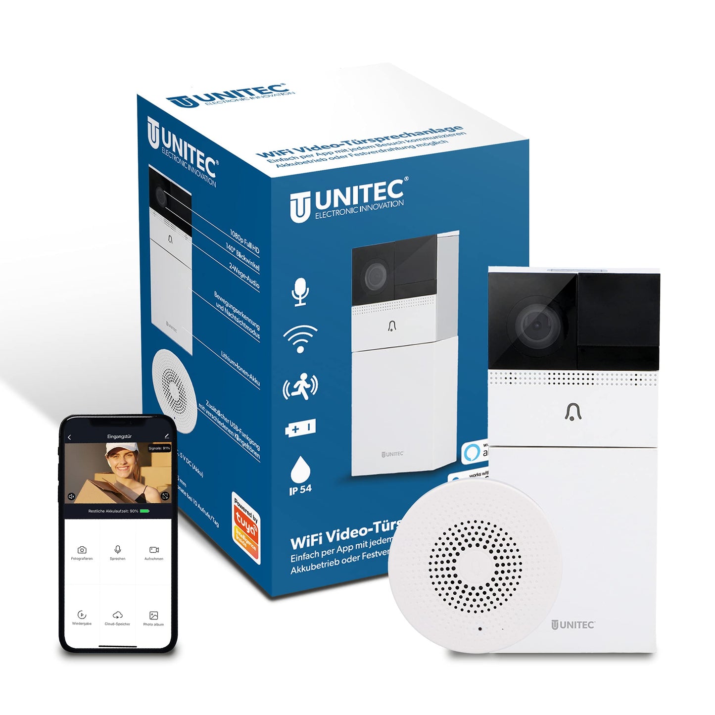 UNITEC WIFI Video-Türsprechanlage mit Smartphone App, Akku oder Festverdrahtung, mit WLAN Full HD Kamera, 2-Wege-Audio, inkl. Funk-Gong