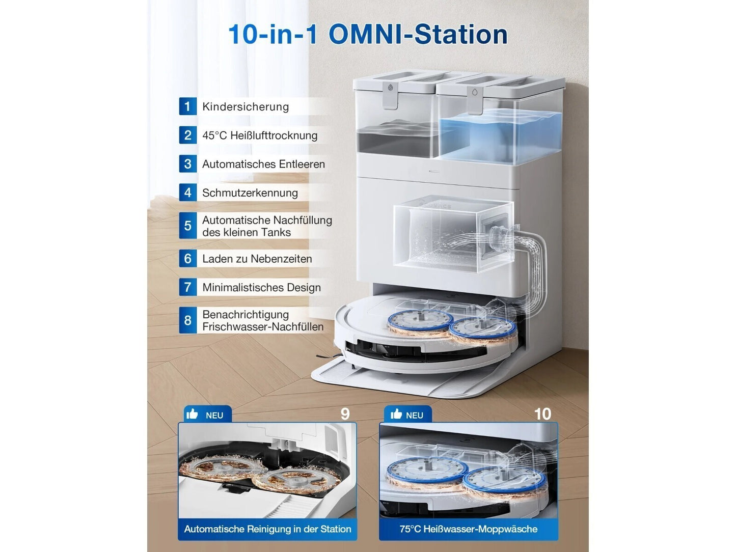 ECOVACS DEEBOT T50 PRO Omni Saugroboter mit Wischfunktion, Ausfahrende Seitenbürste und Wischmopp, 15.000 Pa, T30 PRO OMNI-Upgrade, Auto Zugabe von Reinigungslösung, Moppwäsche mit 75°C heißem Wasser