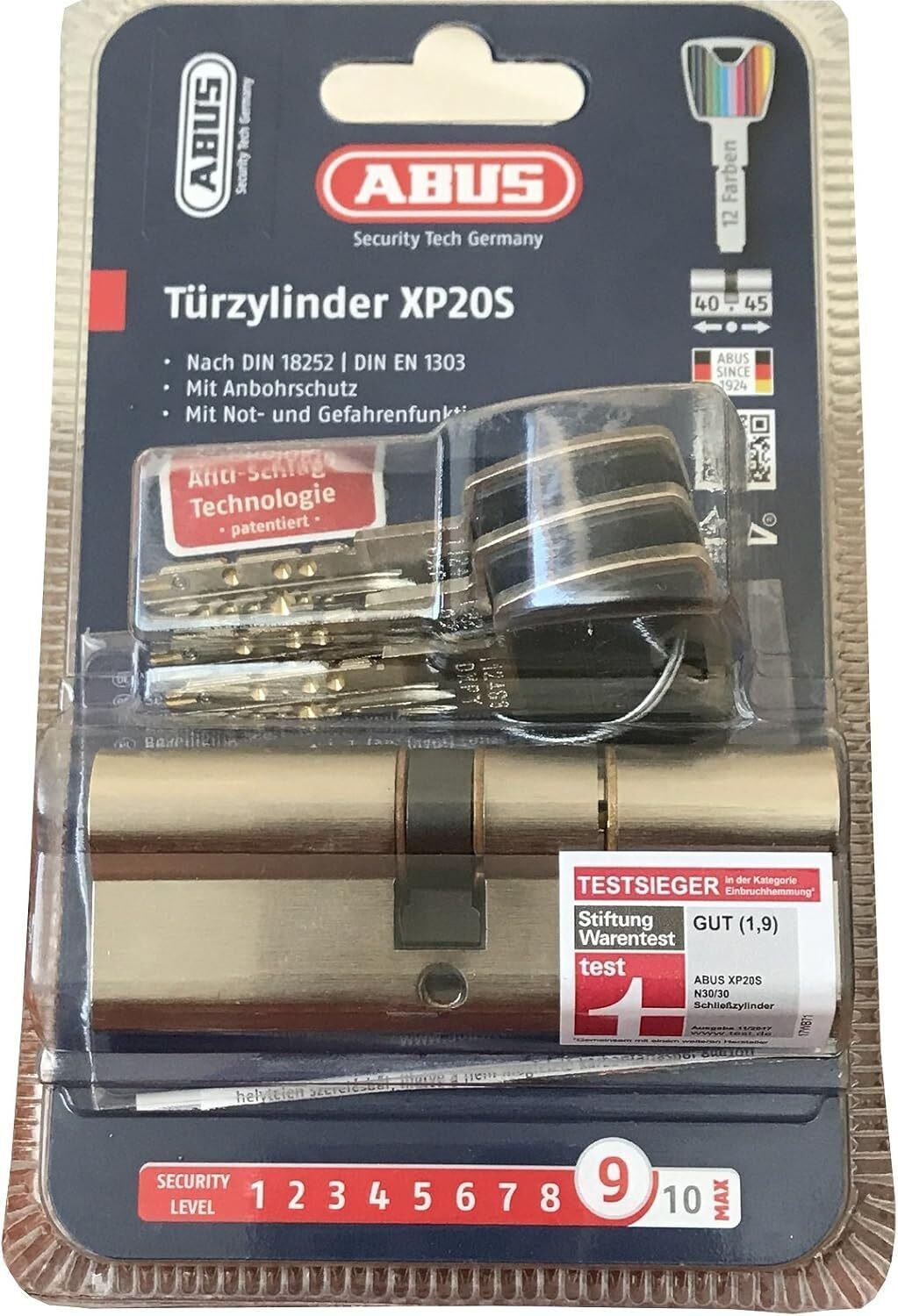 Abus XP20S Türzylinder 40/45 mm Doppelzylinder mit 3 Schlüssel & Sicherungskarte