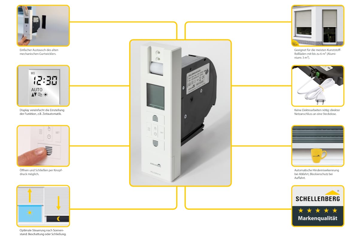 Schellenberg 22766 Elektrischer Gurtwickler RolloDrive 65 Plus Unterputz Rolladenantrieb, bis 6 m² Rollladenfläche, 10 Nm, Gurtband 23 mm, Zugkraft max. 45 kg, mit Display, Zeit- und Astrofunktion