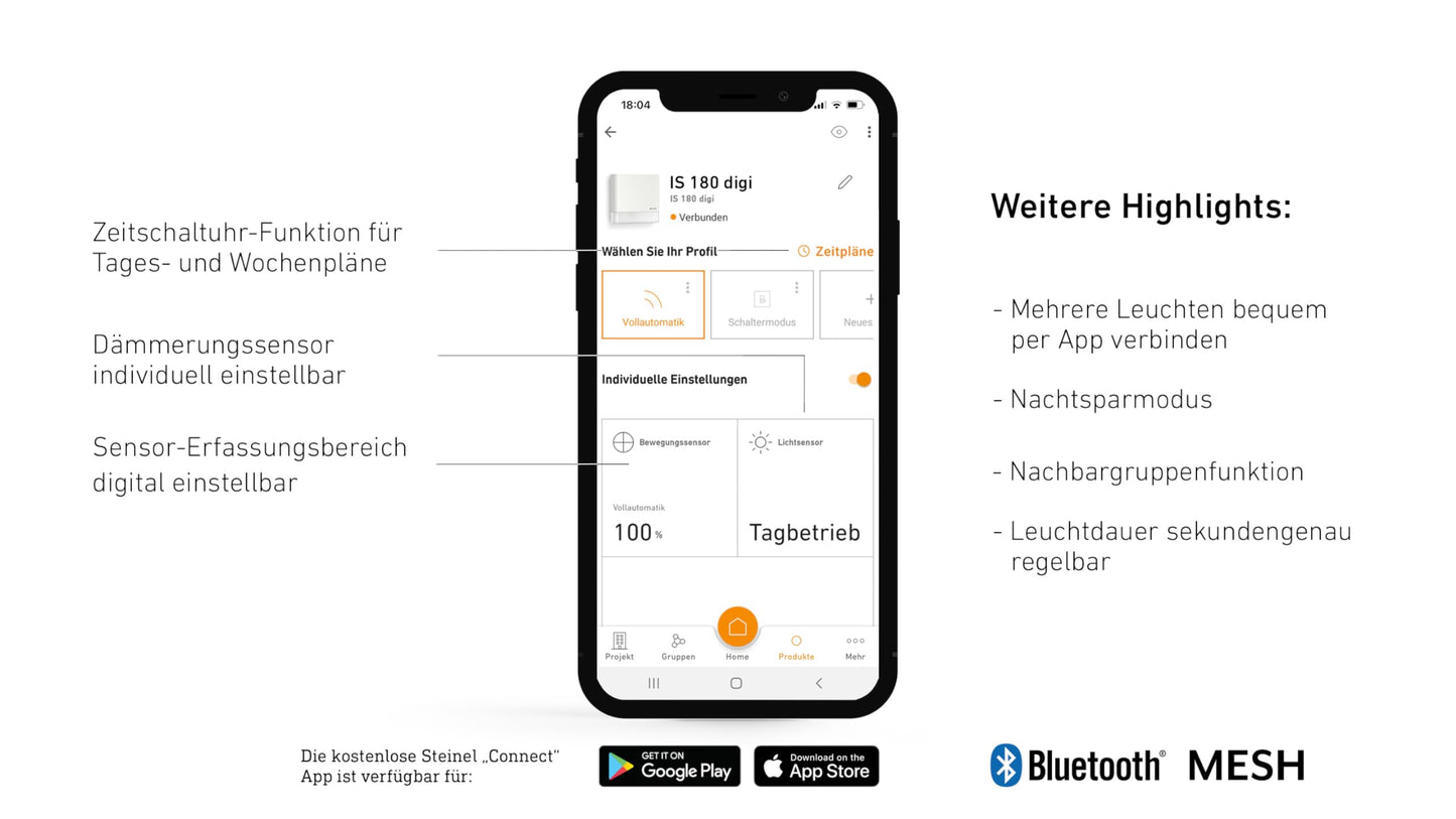 Steinel Bewegungsmelder IS 180 Digi Connect, 180° und 3 Zonen Erfassunsgbereich, Timer Funktion, steuerbar per App, 1000 W, Weiß