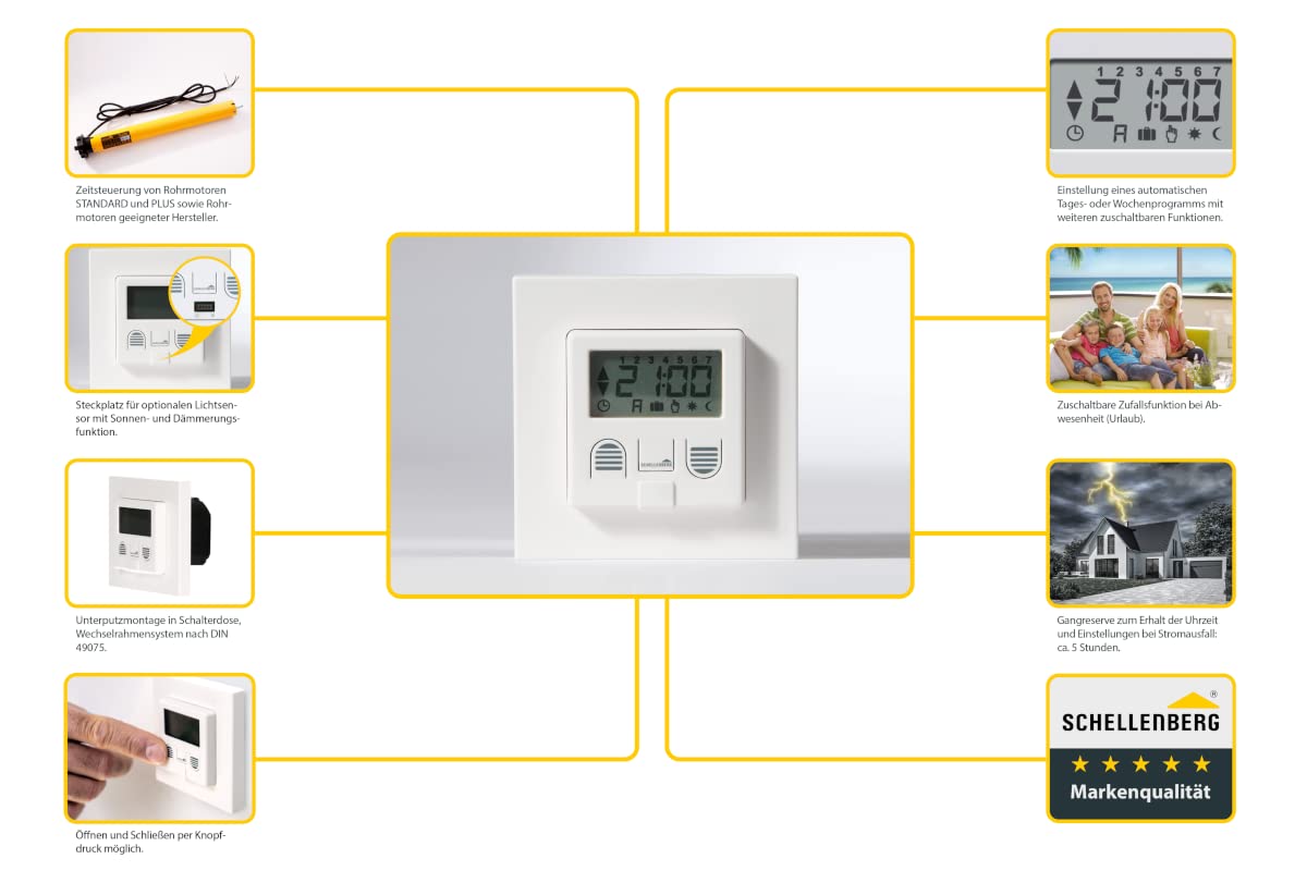 Schellenberg 25572 Zeitschaltuhr PLUS zur Rolladensteuerung mit Display, Wandtaster für Unterputzmontage, Programmierbare Automatik mit u.a. Tagesprogramm, Zufallsfunktion
