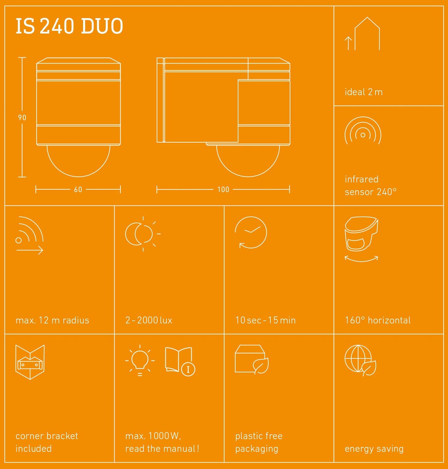 Steinel Bewegungsmelder IS 240 DUO schwarz, 240° Bewegungssensor, 12 m Reichweite, Innen und Außen, inkl. Eckwandhalter, (L x B x H) 100 x 60 x 90 mm