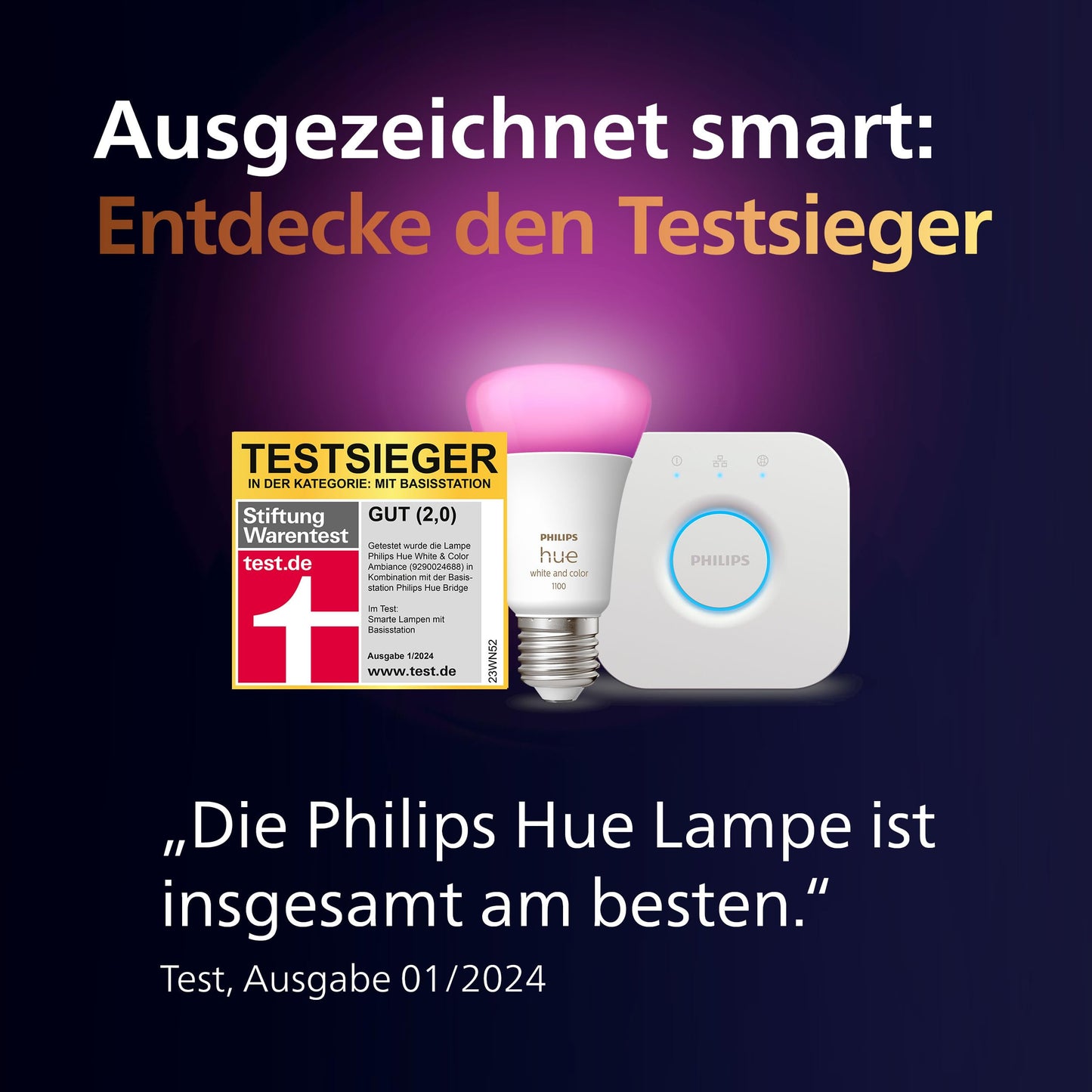 Philips Hue White & Color Ambiance E27 LED Lampen (1100lm), TESTSIEGER Stiftung Warentest (01/2024), dimmbare LED Lampen mit 16 Mio. Farben, smarte Lichtsteuerung über Sprache und App, 2er Pack