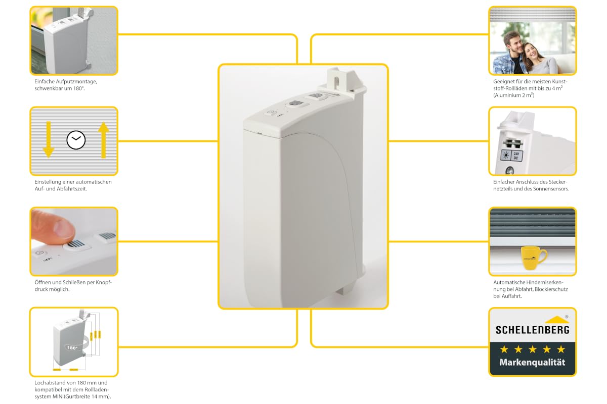 Schellenberg 22735 Elektrischer Gurtwickler Aufputz RolloDrive 35, bis 4 m² Rollladenfläche, für 14 bis 15 mm Gurtbreite, Zugkraft 12 kg, mit Zeitautomatik und Netzteil
