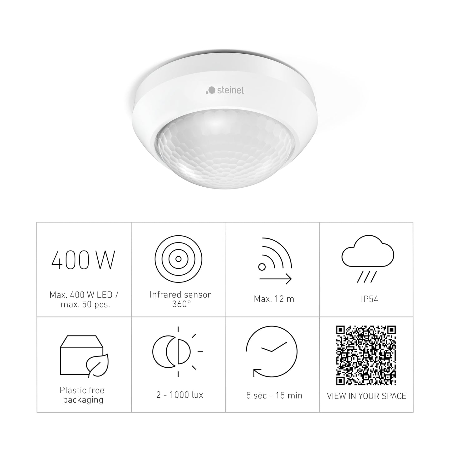 Steinel Bewegungsmelder IS 360-3 weiß, 2000 W Schaltlast, 360° PIR Sensor, 12 m Reichweite, LED geeignet, Deckenmontage