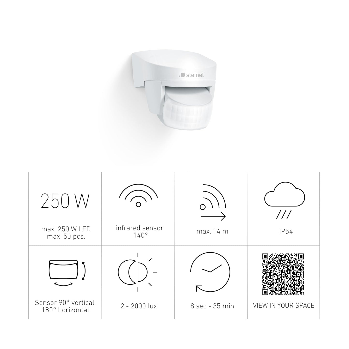 Steinel Bewegungsmelder IS 140-2 weiß, 140° Bewegungsensor, max. 14 m Reichweite, Innen und Außen, IP54