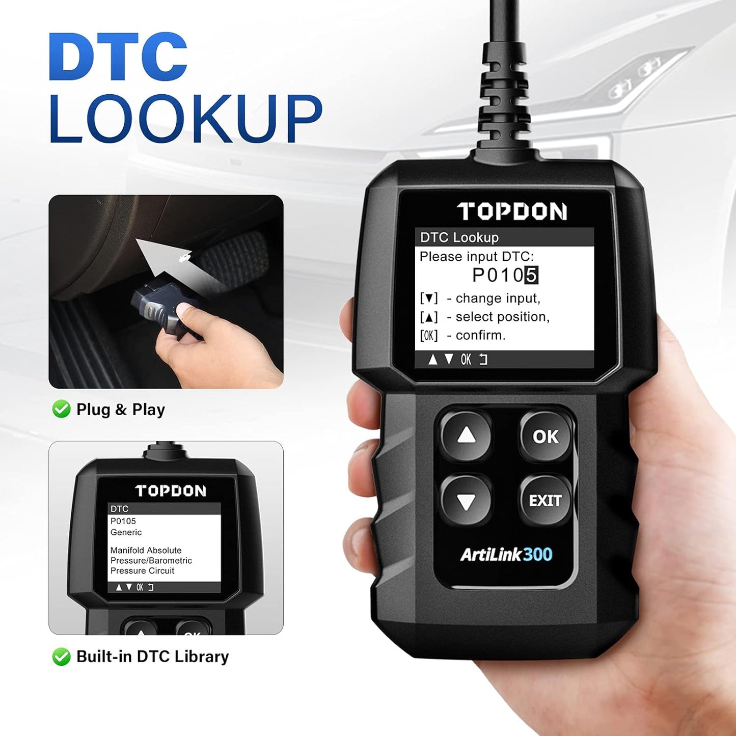 TOPDON OBD2 Diagnosegerät AL300, Universal Fehler-Code Scanner mit Vollen OBD2-Funktionen, KFZ-Fehlercode-Lesegerät für Alle OBDII/EOBD Protokoll
