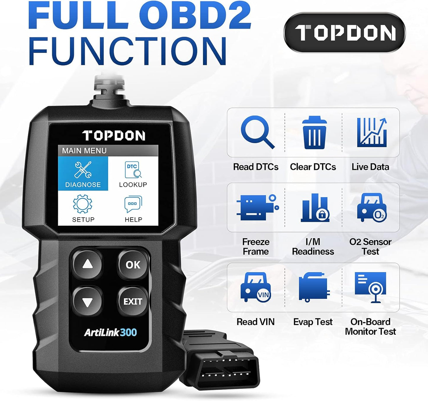 TOPDON OBD2 Diagnosegerät AL300, Universal Fehler-Code Scanner mit Vollen OBD2-Funktionen, KFZ-Fehlercode-Lesegerät für Alle OBDII/EOBD Protokoll