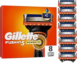 Gillette Fusion5 Power Rasierklingen, 8 Original Ersatzklingen für Herren mit größerem Gleitstreifen für ein sanftes Gleiten und 5 Klingen für eine unglaublich gründliche und komfortable Rasu