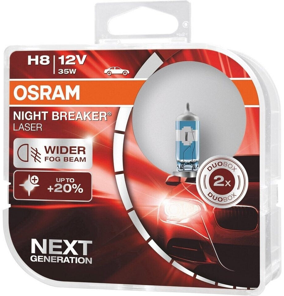 OSRAM NIGHT BREAKER LASER H8, +150% mehr Helligkeit, Halogen-Scheinwerferlampe, 64212NL-2HB, 12V PKW, Hängebox (2 Lampen)