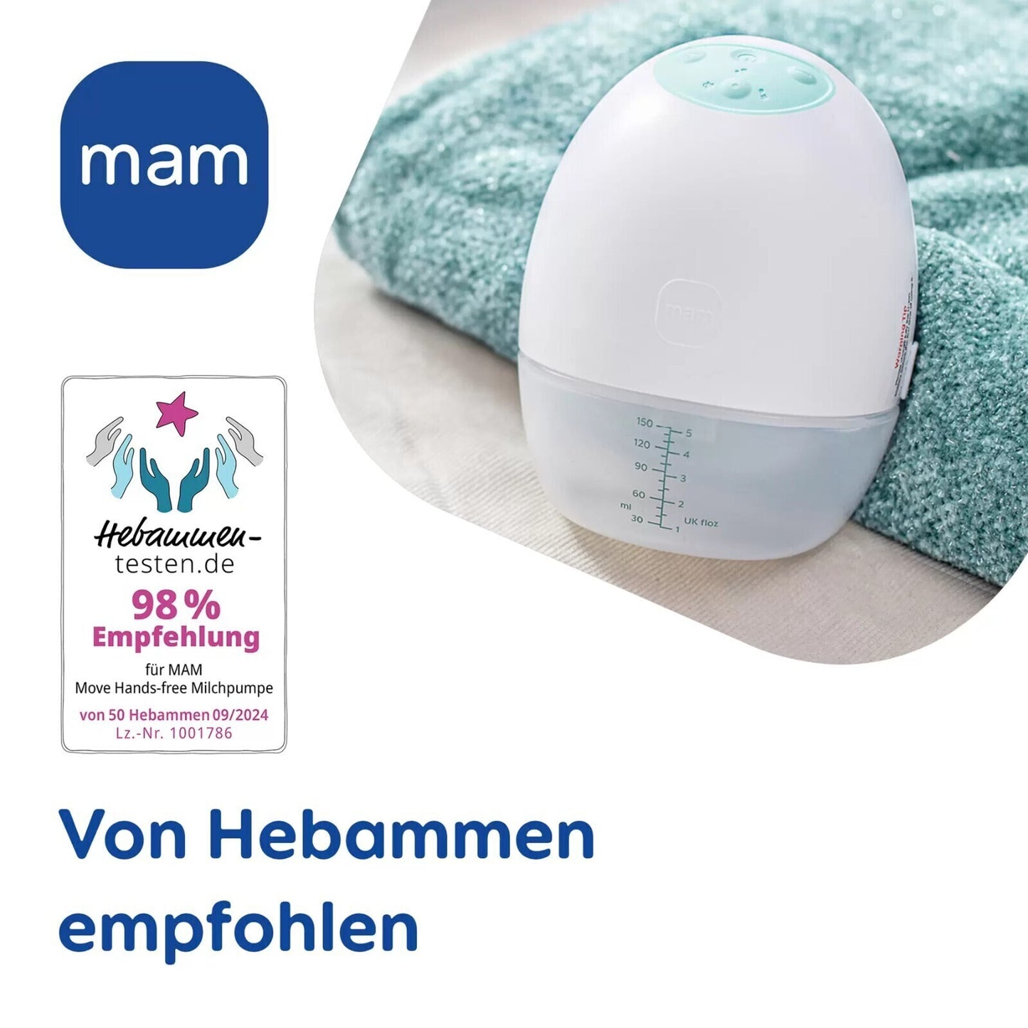 MAM Move Handsfree Milchpumpe Mint – tragbar, leise, inkl. Flasche 160 ml