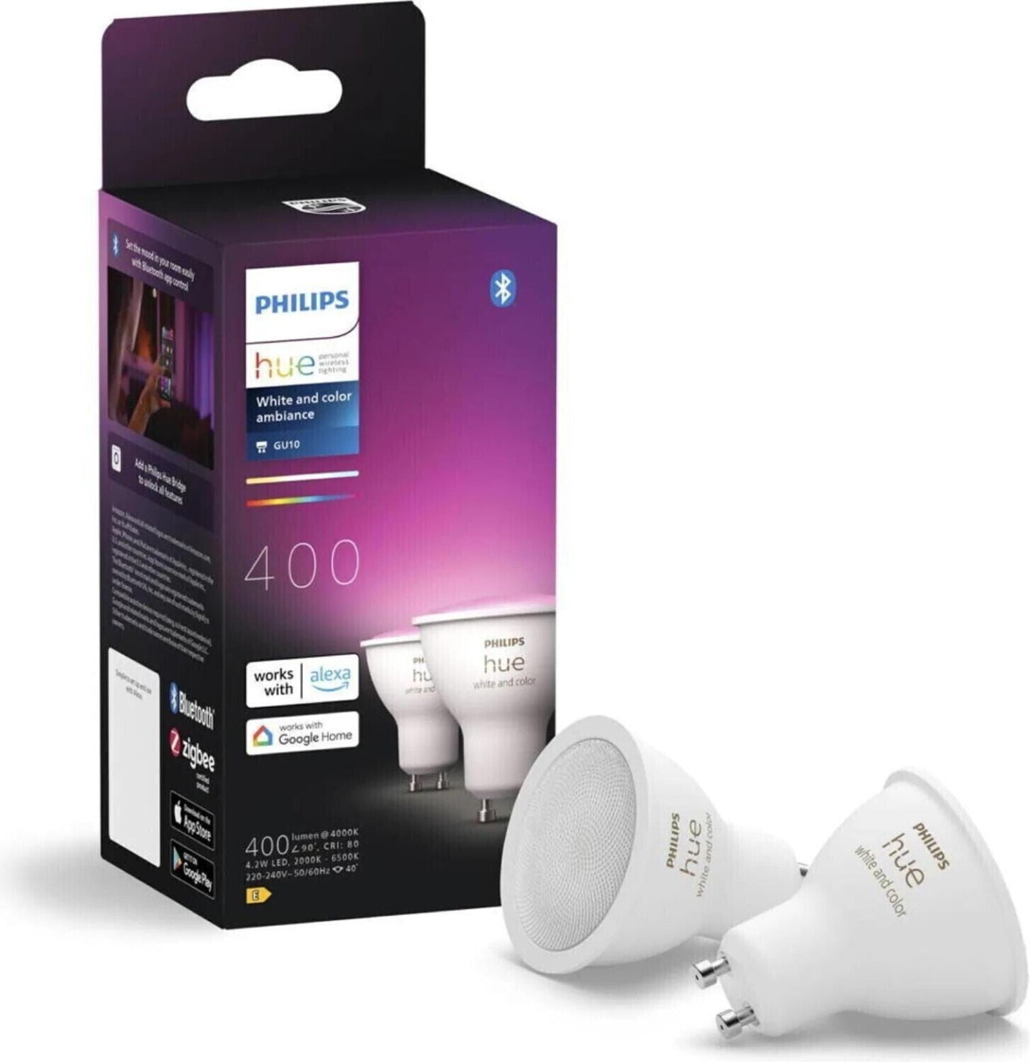 Philips Hue White & Color Ambiance GU10 LED Spot 2er Pack (400 lm), dimmbare LED Lampen für das Hue Lichtsystem mit 16 Mio. Farben, smarte Lichtsteuerung über Sprache und App
