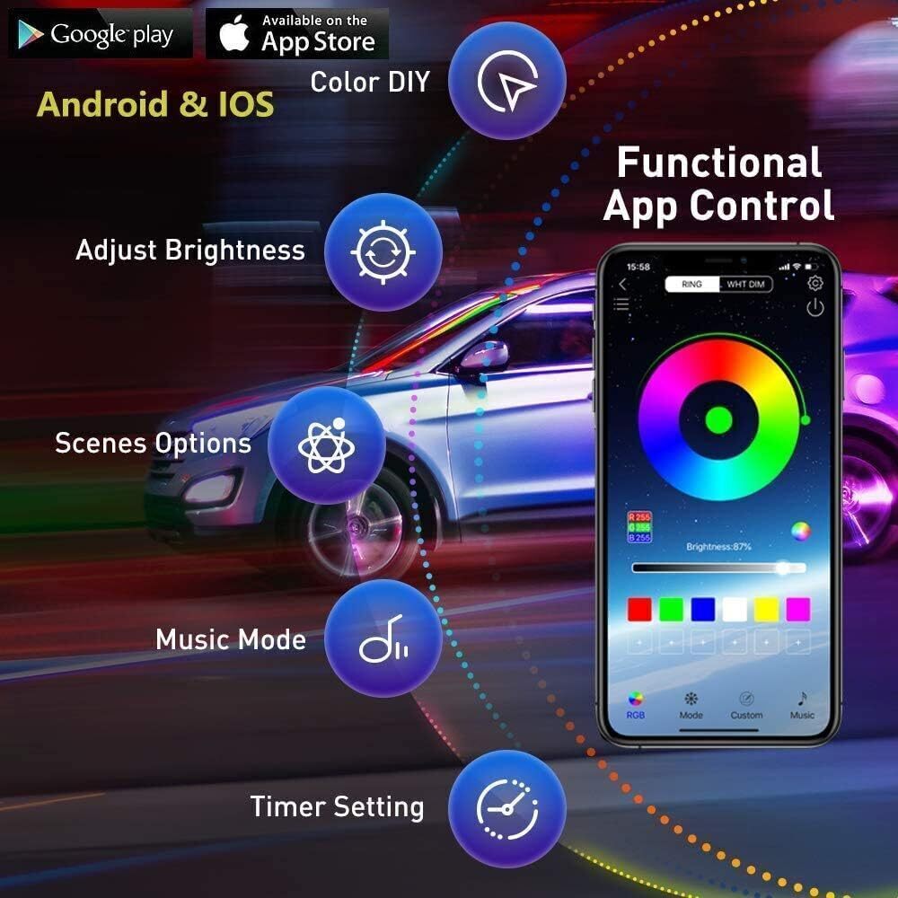 Auto LED Innenbeleuchtung RGB 12V – App Steuerung, 5m Streifen, Musikmodus, Anyi