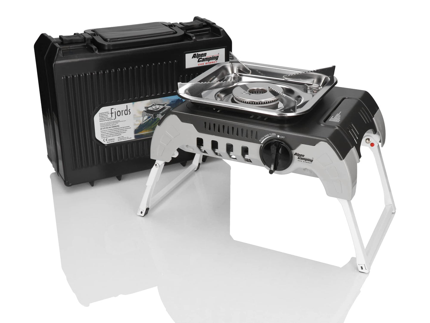 Alpen Camping Fjords Gaskocher Campingkocher + Adapter + 4x 300g Gaskartusche 2400 Watt Schraubgaskartuschen 7/16" über Adapter auch Msf1a mit Koffer