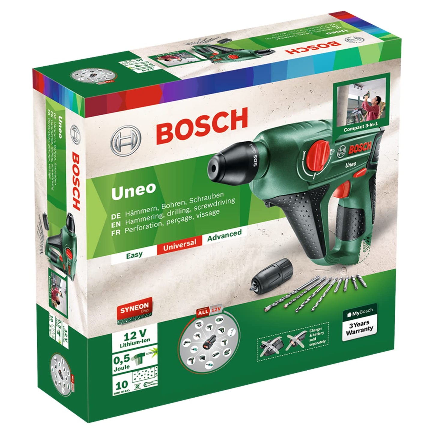Bosch Akku Bohrhammer Uneo (Keine Akku, 12 Volt System, 10 mm Bohr-Ø Beton, im Karton)