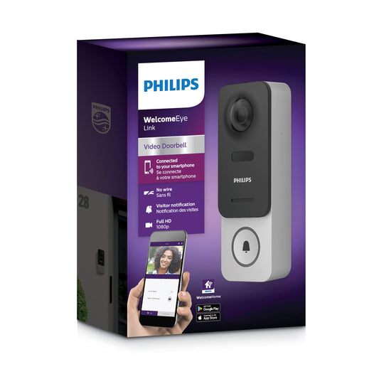 Philips WelcomeEye Link, intelligente Videotürklingel mit Kamera, videosprechanlage , Smartphone-App,WiFi 20 meter , Nachtsicht, 160°-Weitwinkel-Full-HD-Kamera (1080p), batteriebetrieben, 2-Wege-Audio