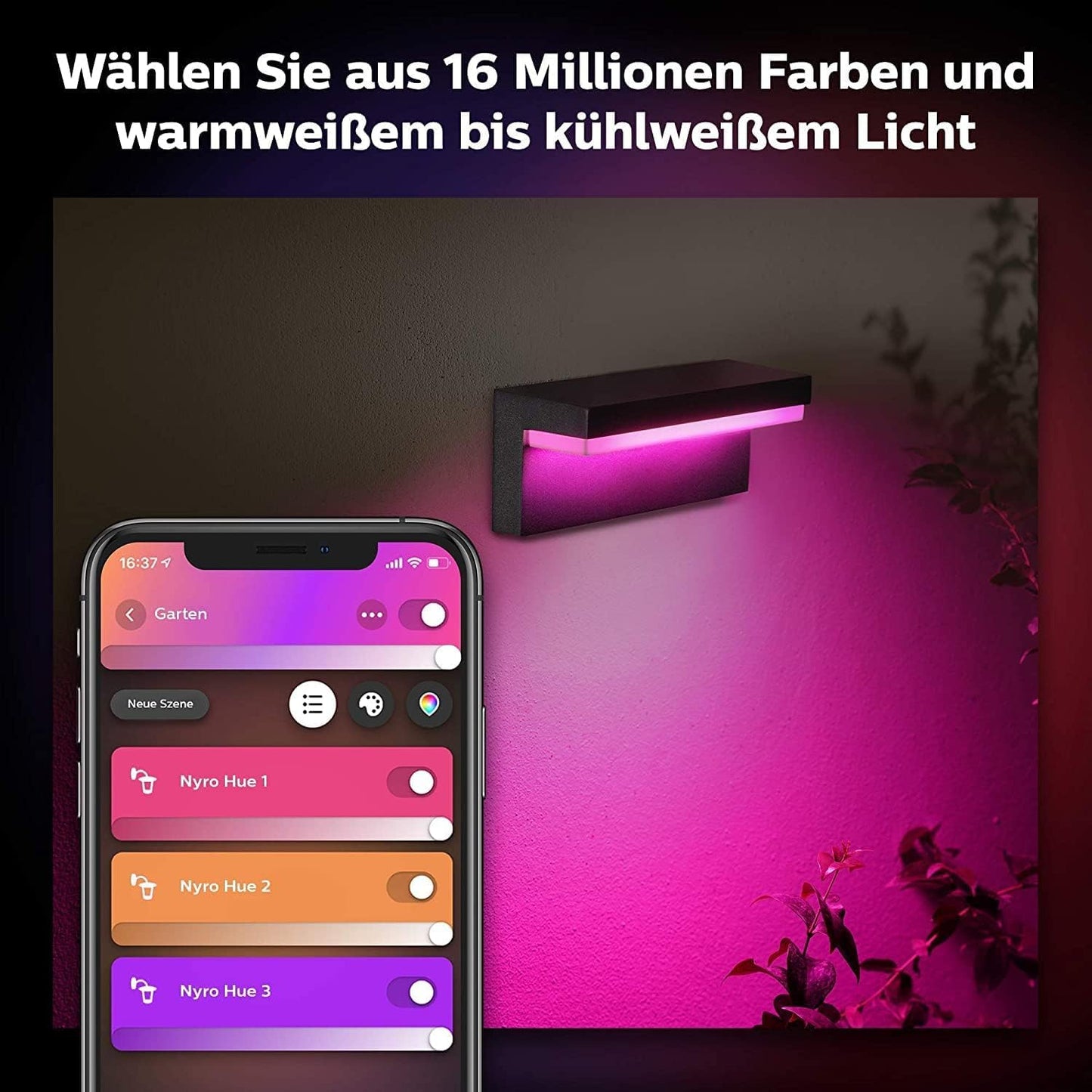 Philips Hue White & Color Ambiance Nyro Wandleuchte Outdoor (1.020 lm), dimmbare Leuchte für das Hue Lichtsystem mit 16 Mio. Farben, smarte Lichtsteuerung über Sprache oder App, silber