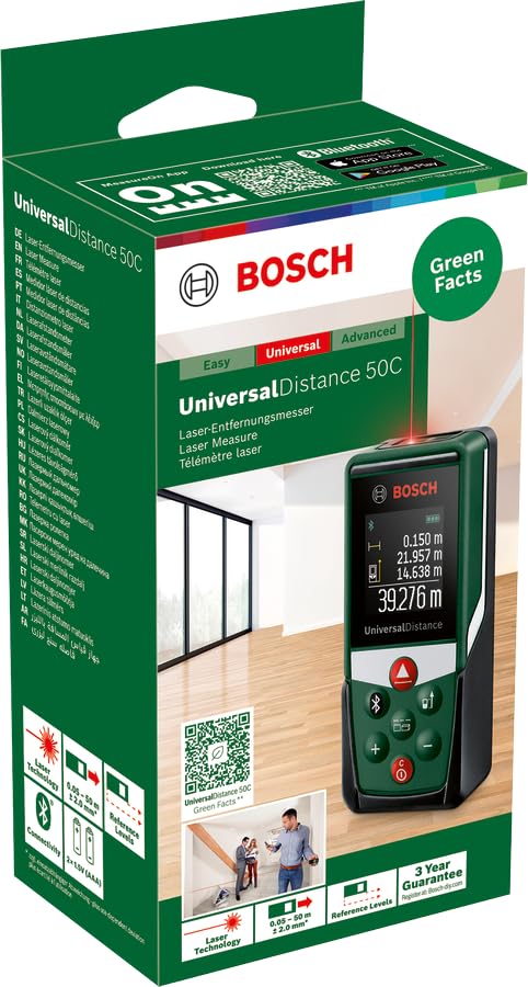 Bosch Laserentfernungsmesser UniversalDistance 50C (Distanz bis 50m präzise messen, Bluetooth-Konnektivität, Messfunktionen, im Karton)