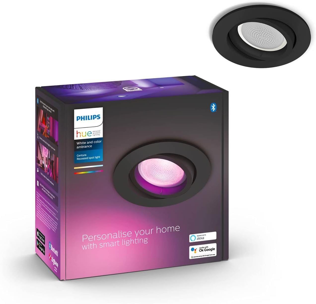 Philips Hue White & Color Ambiance Centura Einbauspot 1er Pack, schwarz 250lm, bis zu 16 Mio. Farben, dimmbar, steuerbar via App, kompatibel mit Amazon Alexa (Echo, Echo Dot), alte Generation