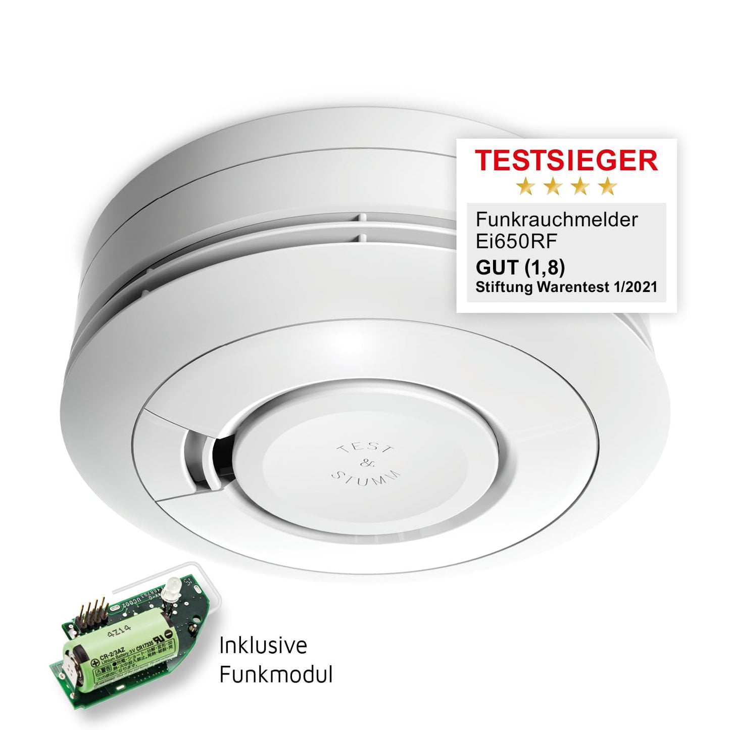 Ei Electronics Ei650RF Funkrauchmelder, Set aus funkvernetzbarem Rauchwarnmelder und Funkmodul, Testsieger Stiftung Warentest mit Batterie für 10 Jahre, weiß