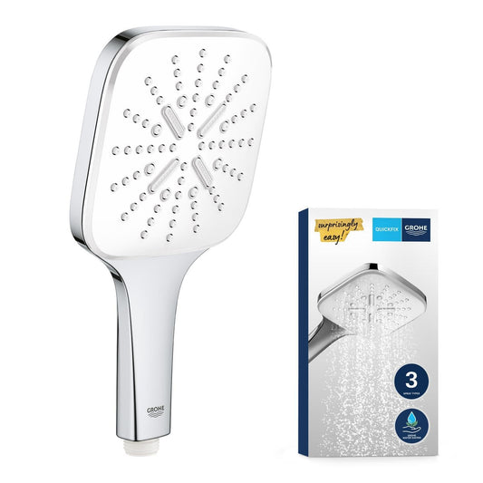 GROHE Vitalio SmartActive 130 Cube, Duschkopf wassersparend, 9l pro Min (Handbrause mit 3 Strahlarten, Antikalk-System, Universalanschluss passend zu Standard-Duschschläuchen), chrom, 26595000