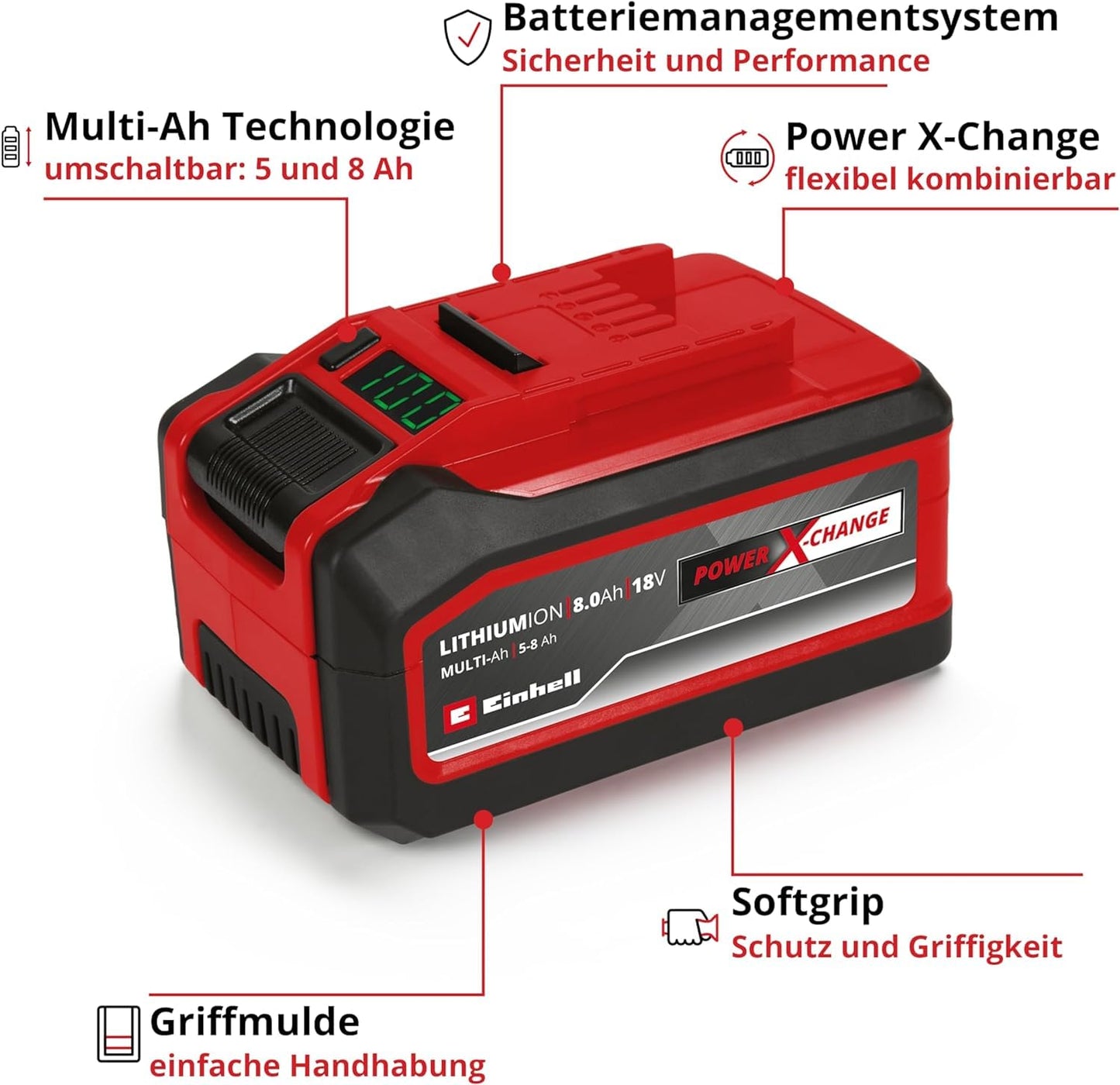 Einhell Original 18V 5-8 Ah Multi-Ah Power X-Change PLUS Akku (18V, für alle PXC-Geräte, Ladezustandsanzeige, Batteriemanagementsystem, situativ angepasste Ladezyklen, ohne Ladegerät)
