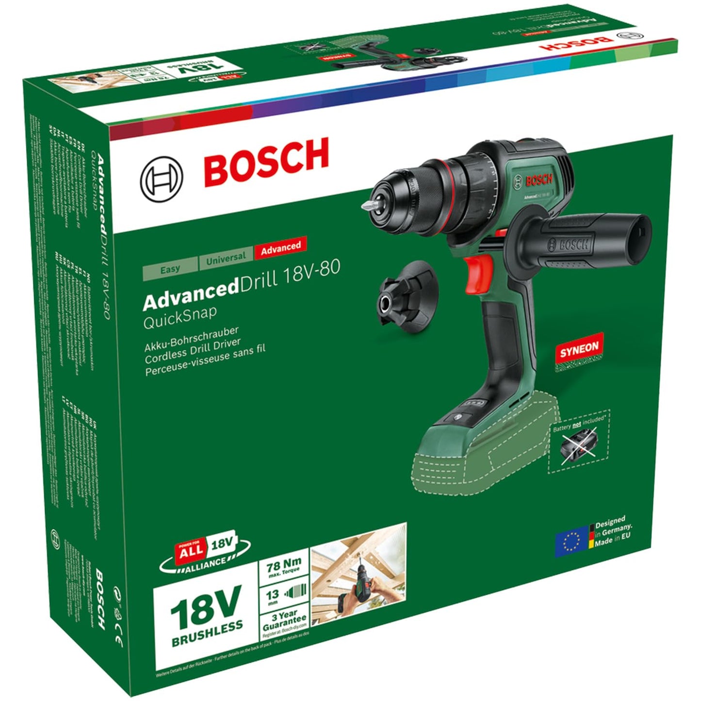 Bosch Akku-Bohrschrauber AdvancedDrill 18V-80 QuickSnap (zum Bohren und Schrauben; 18V System; bürstenloser Motor; 78 Nm; 13-mm-Metallbohrfutter; Magnetkappe; ohne Akku)