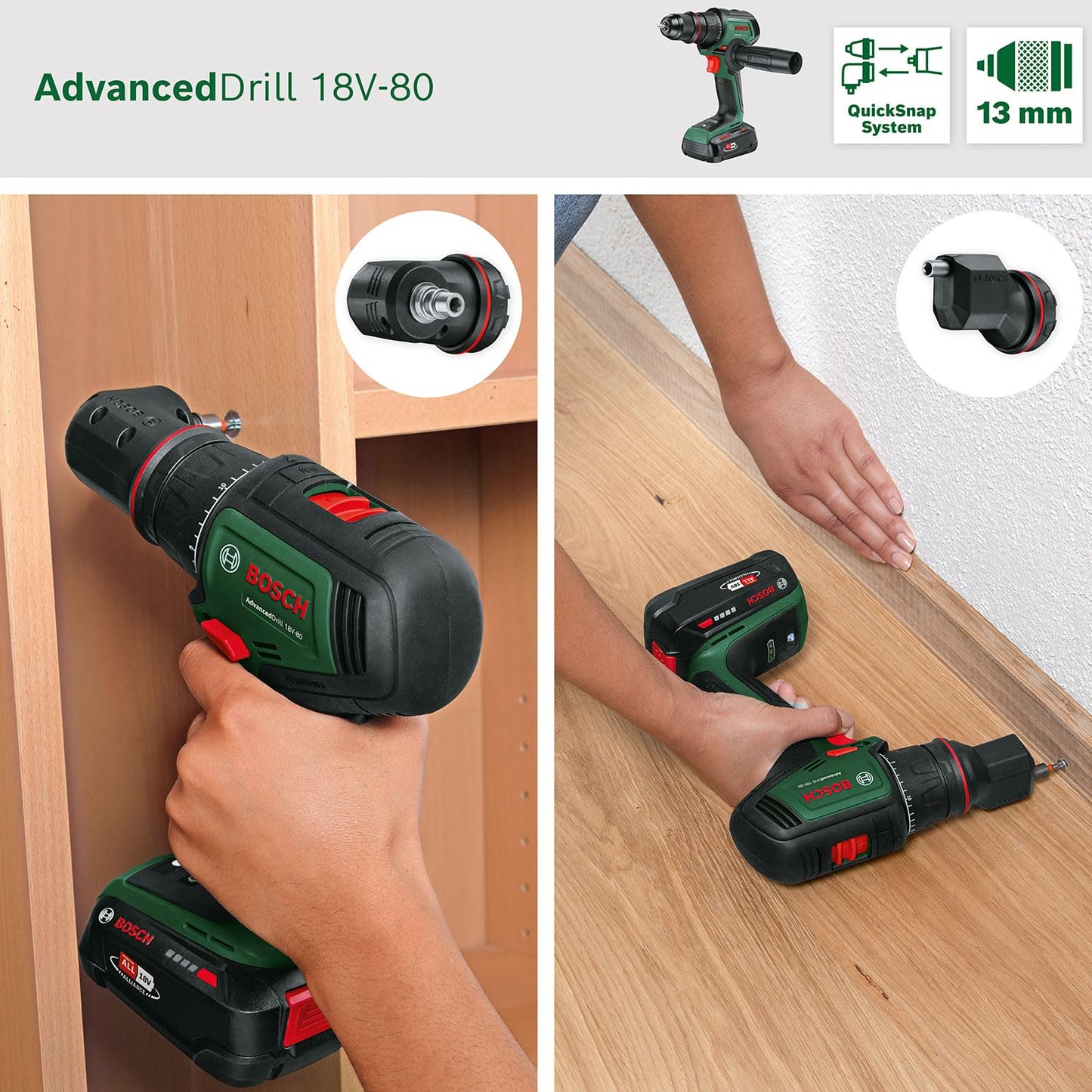 Bosch Akku-Bohrschrauber AdvancedDrill 18V-80 QuickSnap (zum Bohren und Schrauben; 18V System; bürstenloser Motor; 78 Nm; 13-mm-Metallbohrfutter; Magnetkappe; ohne Akku)