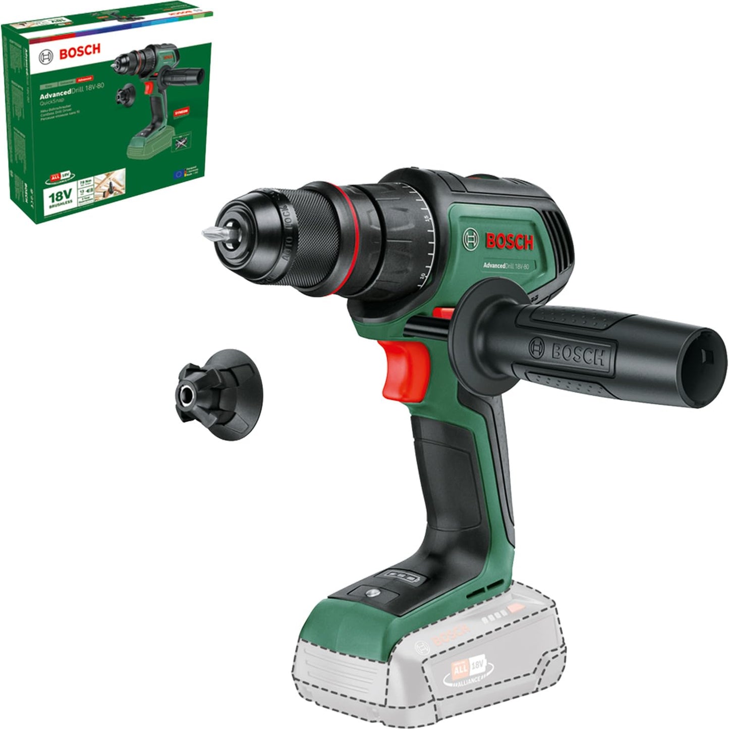 Bosch Akku-Bohrschrauber AdvancedDrill 18V-80 QuickSnap (zum Bohren und Schrauben; 18V System; bürstenloser Motor; 78 Nm; 13-mm-Metallbohrfutter; Magnetkappe; ohne Akku)
