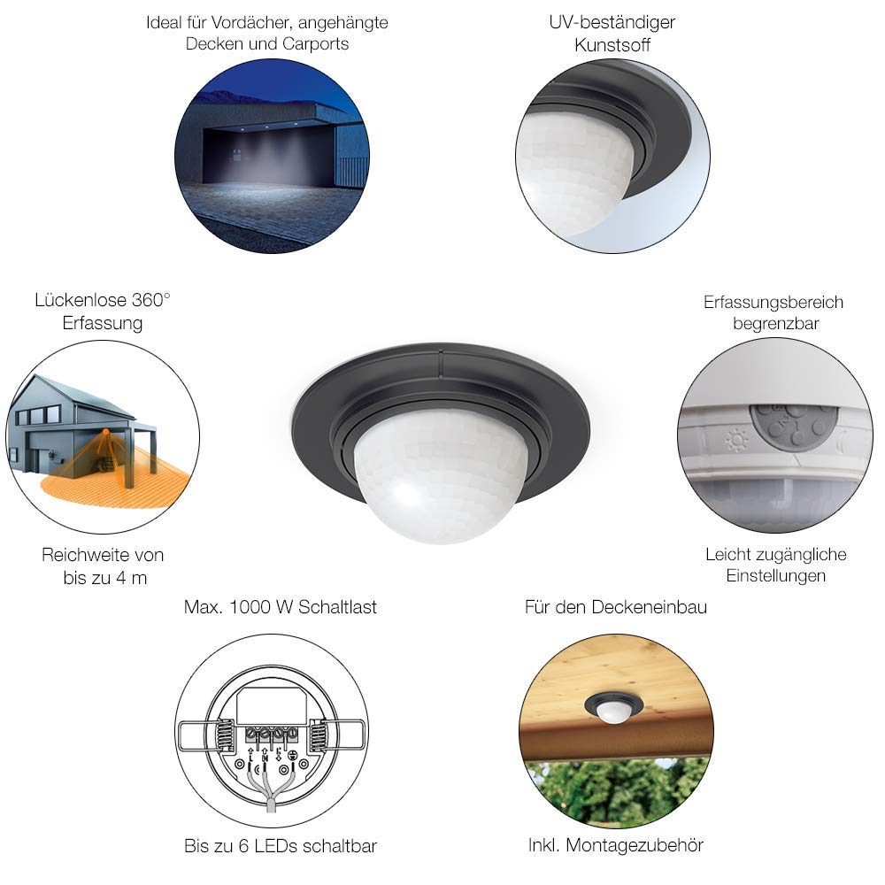 Steinel Einbau-Bewegungsmelder IS 360-1 schwarz, 1000 W Schaltleistung, 360° Sensor, max. 4 m Reichweite, LED geeignet