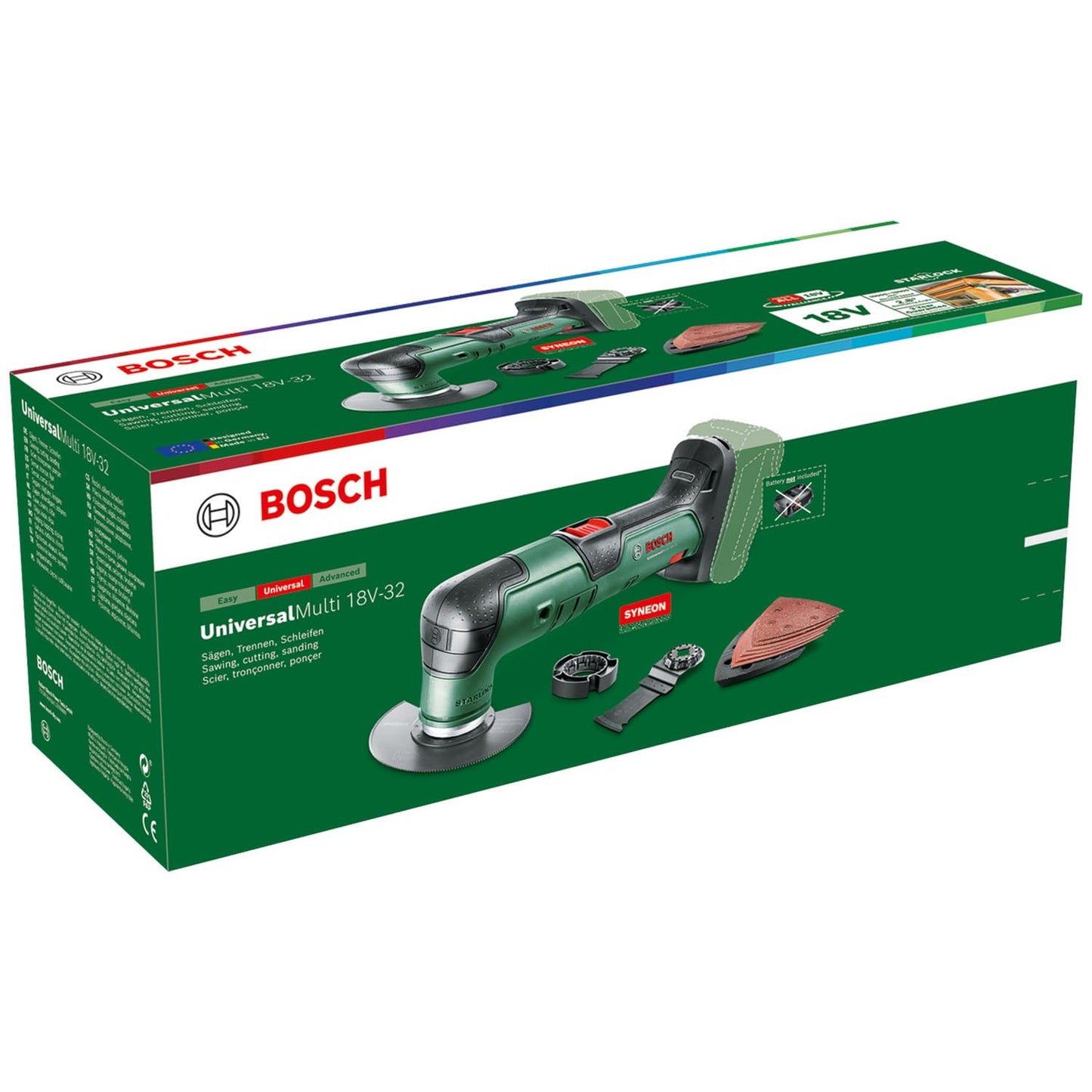 Bosch Akku-Multifunktionswerkzeug UniversalMulti 18V-32 (zum Sägen, Schneiden, Schleifen; 1x Segmentsägeblatt; 1x Tauchsägeblatt; 1x Schleifplatte; 6x Schleifblätter; 1x Tiefenanschlag; ohne Akku)