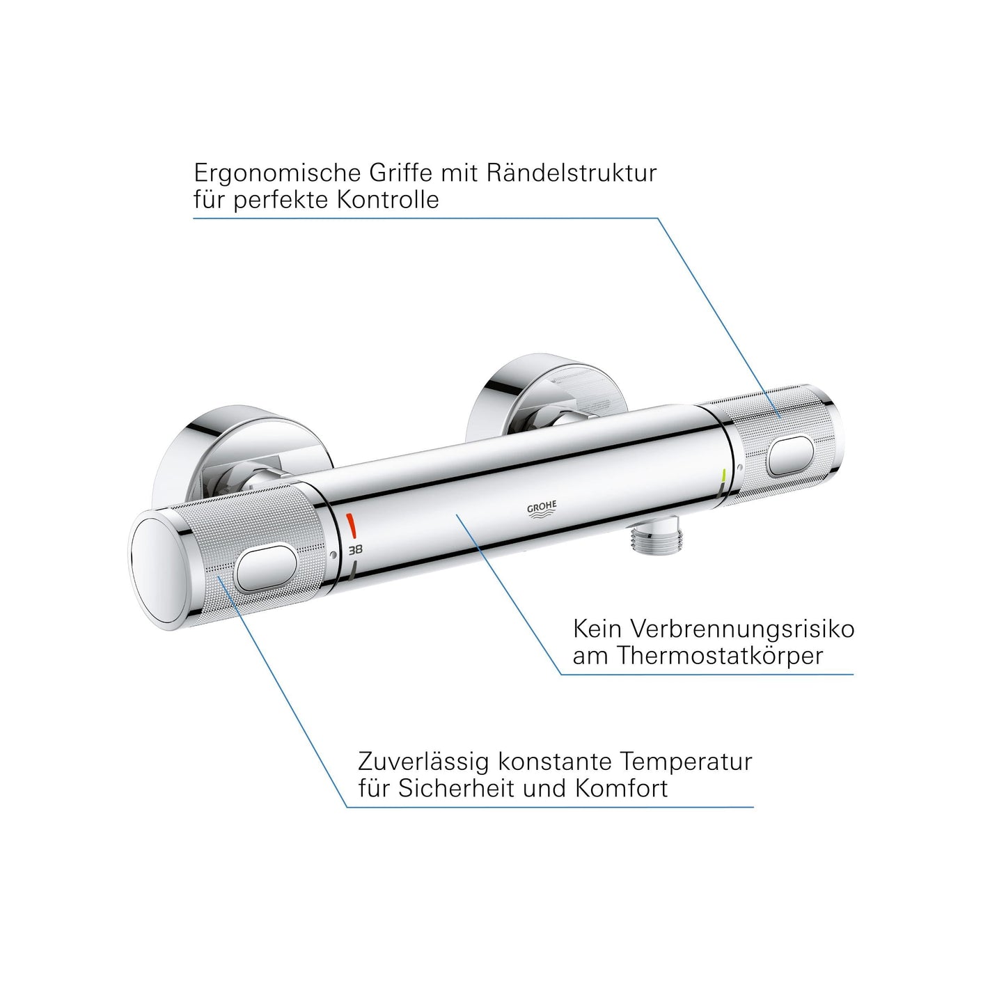 GROHE Precision Feel, Duscharmatur, wassersparend (Thermostat hält Temperatur konstant, Mischbatterie mit kühler Oberfläche, Sicherheitssperre 38°C, Anti-Rutsch Griffe, mit 3in1 Tool), chrom, 34790000