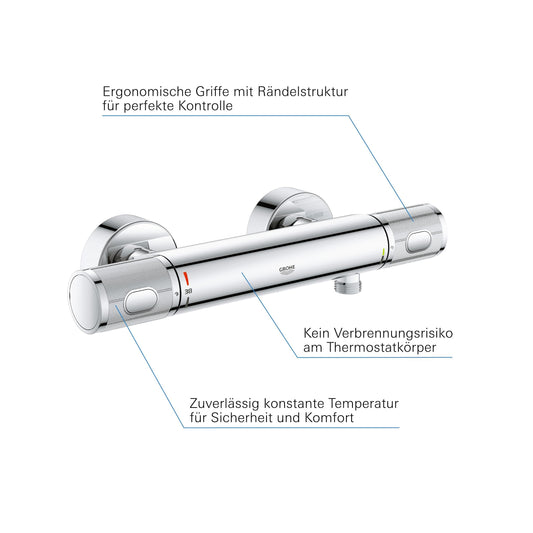 GROHE Precision Feel, Duscharmatur, wassersparend (Thermostat hält Temperatur konstant, Mischbatterie mit kühler Oberfläche, Sicherheitssperre 38°C, Anti-Rutsch Griffe, mit 3in1 Tool), chrom, 34790000