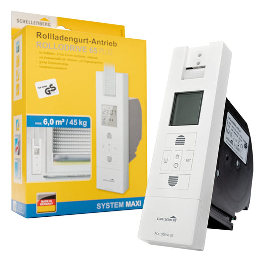 Schellenberg 22766 Elektrischer Gurtwickler RolloDrive 65 Plus Unterputz Rolladenantrieb, bis 6 m² Rollladenfläche, 10 Nm, Gurtband 23 mm, Zugkraft max. 45 kg, mit Display, Zeit- und Astrofunktion