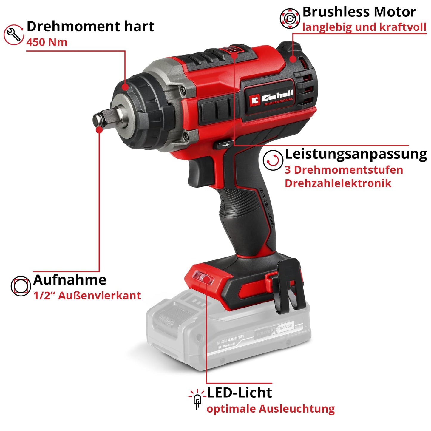 Einhell Professional Akku-Schlagschrauber IMPAXXO 18/450 Power X-Change (18 V, 450 Nm, 3 Leistungsstufen, Brushless, 1/2"-Aufnahme, inkl. Nuss-Set, ohne Akku)