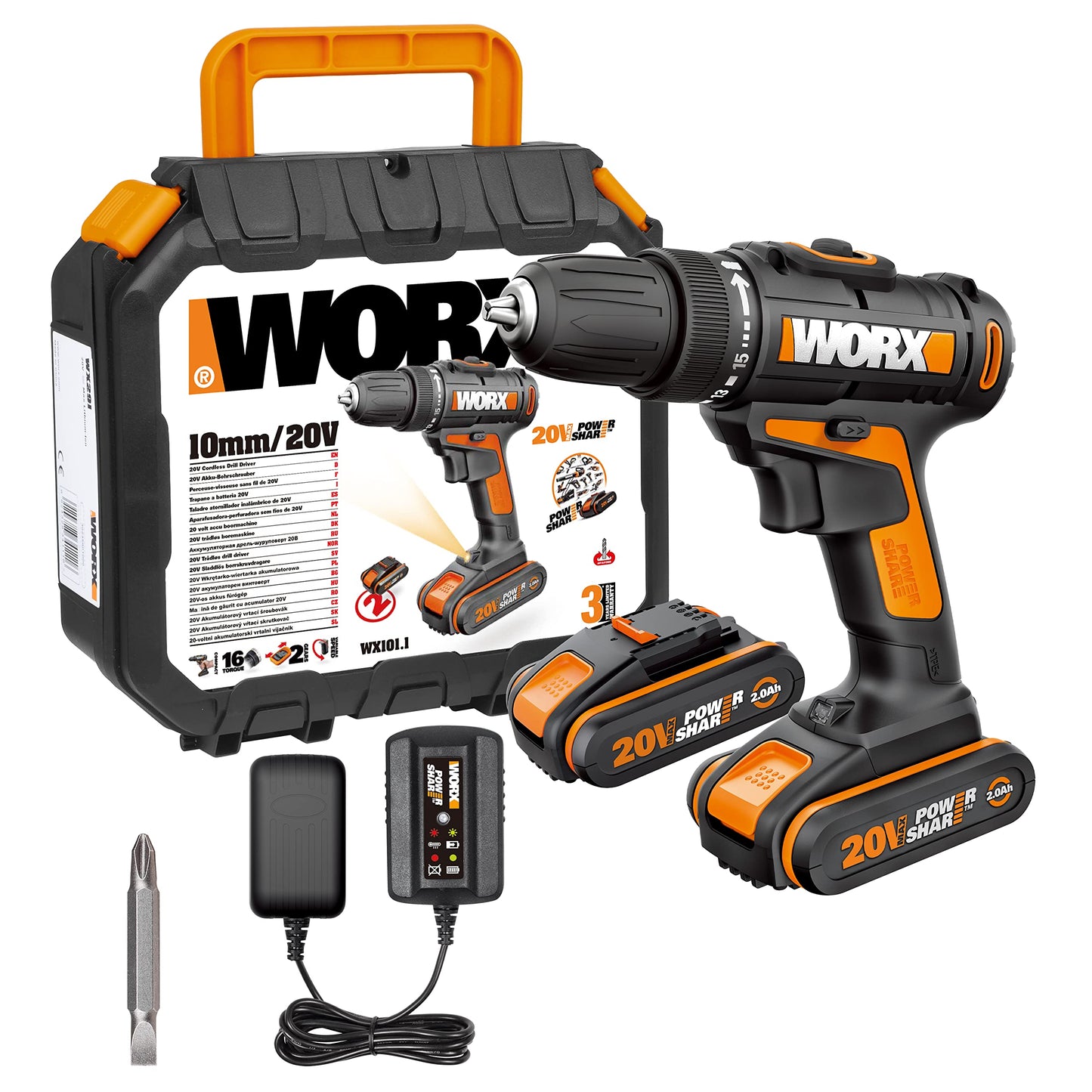 WORX WX183.9 Akkuschrauber 20V-50Nm, 2-Gang-Getriebe und LED-Licht – Akkubohrschrauber Set zum Bohren und Schrauben ohne Akku und Ladegerät, 20 V