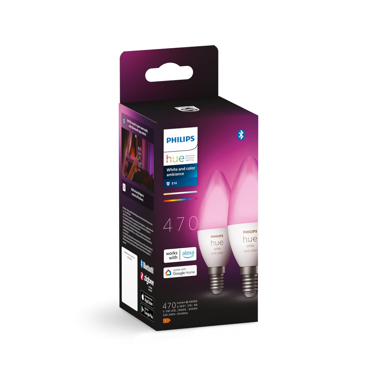 Philips Hue White & Color Ambiance E14 LED Lampen 2er Pack (470 lm), dimmbare LED Leuchtmittel für das Hue Lichtsystem mit 16 Mio. Farben, smarte Lichtsteuerung über Sprache und App