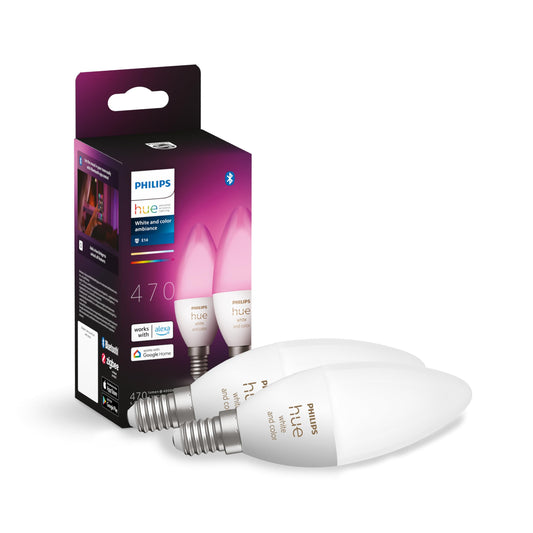 Philips Hue White & Color Ambiance E14 LED Lampen 2er Pack (470 lm), dimmbare LED Leuchtmittel für das Hue Lichtsystem mit 16 Mio. Farben, smarte Lichtsteuerung über Sprache und App