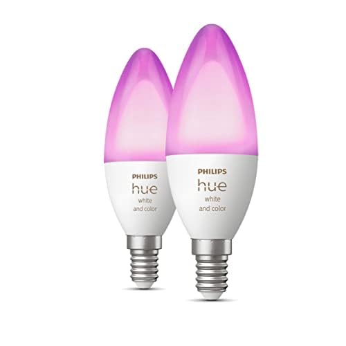 Philips Hue White & Color Ambiance E14 LED Lampen 2er Pack (470 lm), dimmbare LED Leuchtmittel für das Hue Lichtsystem mit 16 Mio. Farben, smarte Lichtsteuerung über Sprache und App