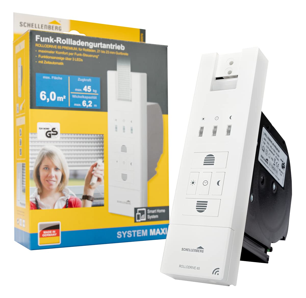Schellenberg 22767 Elektrischer Gurtwickler mit Funk RolloDrive 65 Premium, geeignet für Smart-Home, Funkgurtwickler bis 6 m² Rollladenfläche, 45 kg Zugkraft, Unterputz-Montage, inkl. Netzstecker