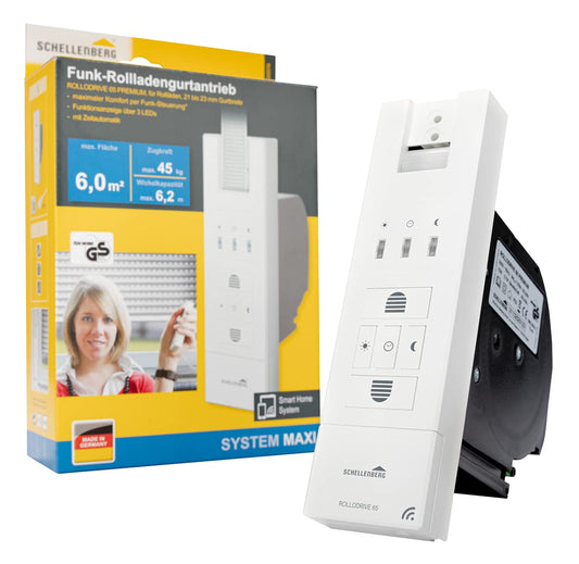 Schellenberg 22767 Elektrischer Gurtwickler mit Funk RolloDrive 65 Premium, geeignet für Smart-Home, Funkgurtwickler bis 6 m² Rollladenfläche, 45 kg Zugkraft, Unterputz-Montage, inkl. Netzstecker