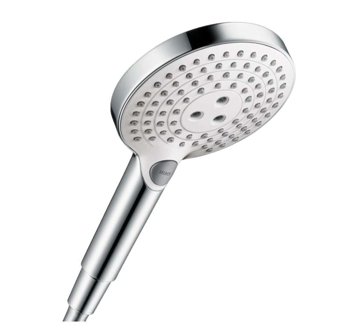 hansgrohe Raindance Select S - Duschkopf, Handbrause mit 3 Strahlarten, Duschbrause, Brausekopf mit Antikalk-Funktion, Weiß/Chrom, 26530400