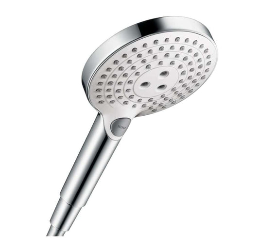 hansgrohe Raindance Select S - Duschkopf, Handbrause mit 3 Strahlarten, Duschbrause, Brausekopf mit Antikalk-Funktion, Weiß/Chrom, 26530400