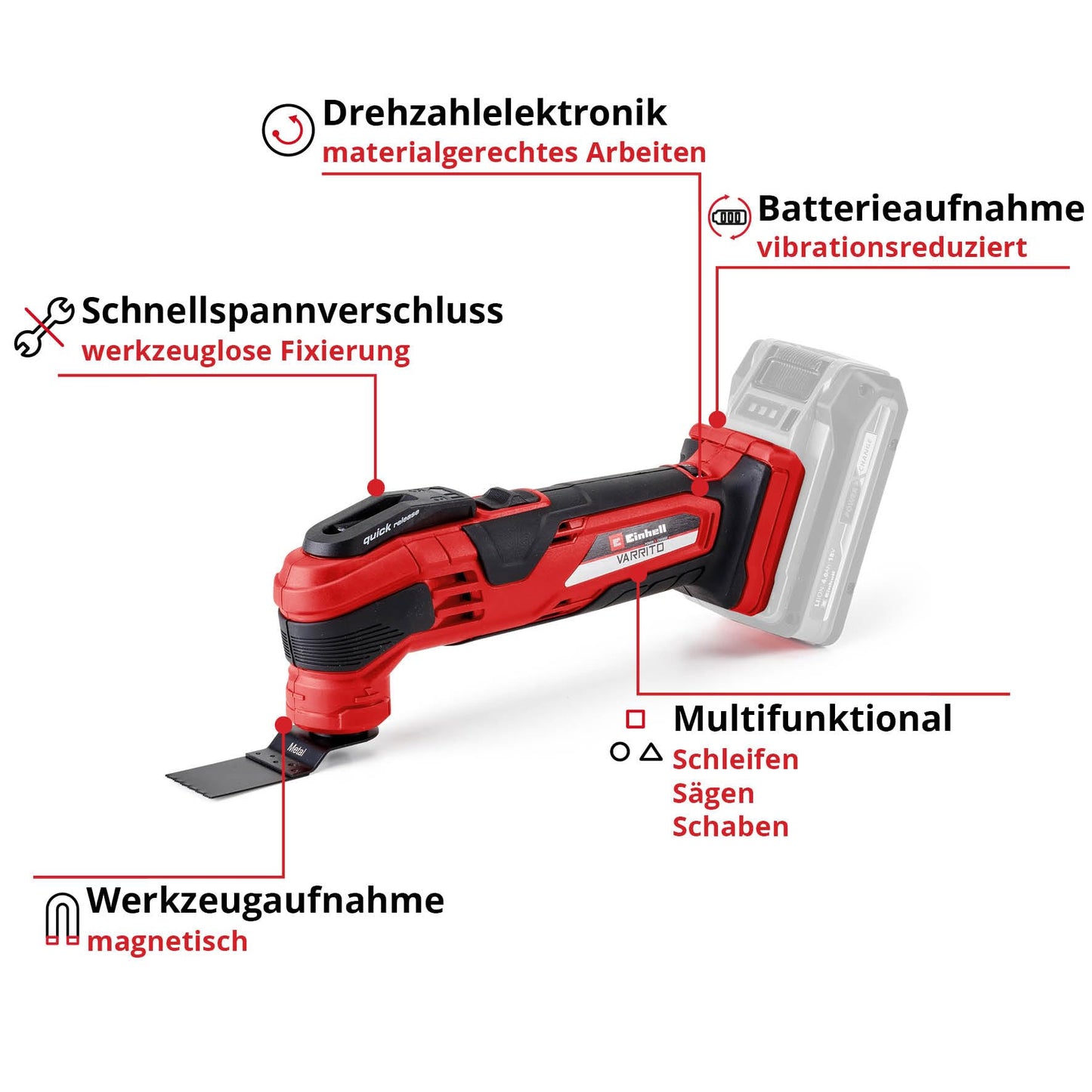 Einhell Akku-Multifunktionswerkzeug VARRITO Power X-Change (Li-Ion, 18 V, 22.000 bis 40.000 min-1, Drehzahl-Elektronik, Schnellspannverschluss, magnetische Werkzeugaufnahme, ohne Akku und Ladegerät)