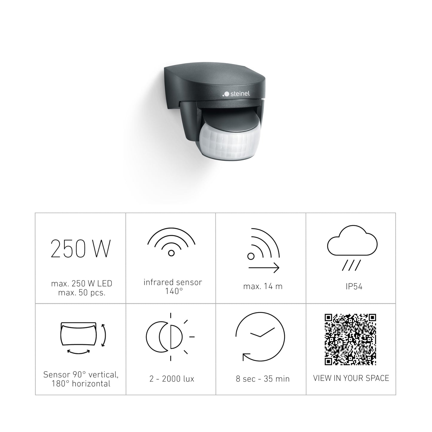 Steinel Bewegungsmelder IS 140-2 schwarz, 140° Bewegungsensor, max. 14 m Reichweite, Innen und Außen, IP54