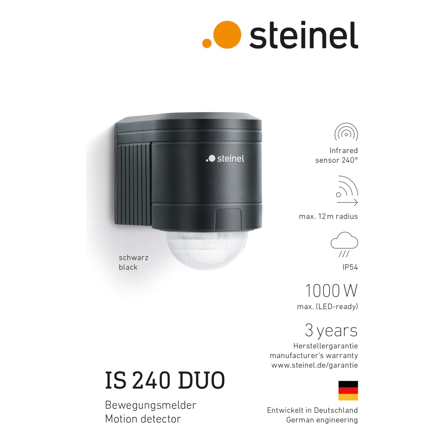 Steinel Bewegungsmelder IS 240 DUO schwarz, 240° Bewegungssensor, 12 m Reichweite, Innen und Außen, inkl. Eckwandhalter, (L x B x H) 100 x 60 x 90 mm